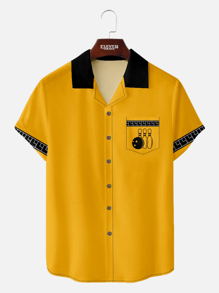 Men’s Bowling Camp Collar Short Sleeve Shirt 60s Scoreboard Trim Design Eleven Oasis