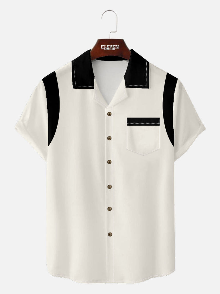 Men’s Bowling Camp Collar Short Sleeve Shirt Color Blocking BOWLING CLUB Eleven Oasis