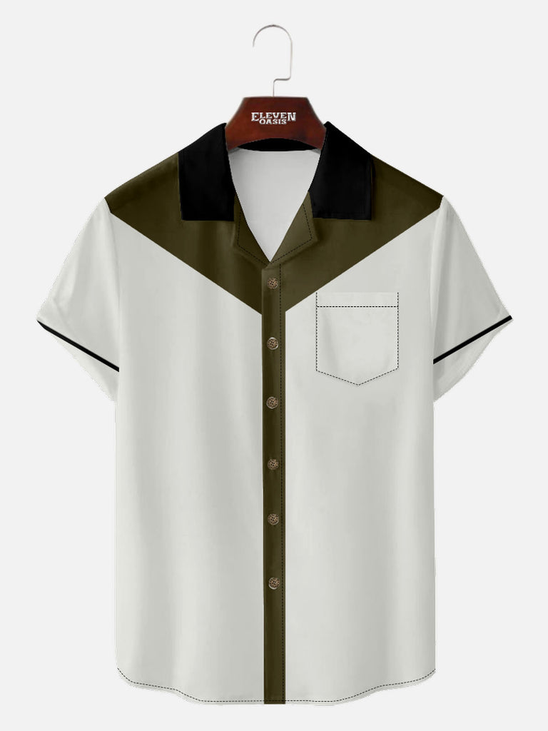 Men’s Art Pattern Camp Collar Short Sleeve Shirt Optical White w Army Green Eleven Oasis