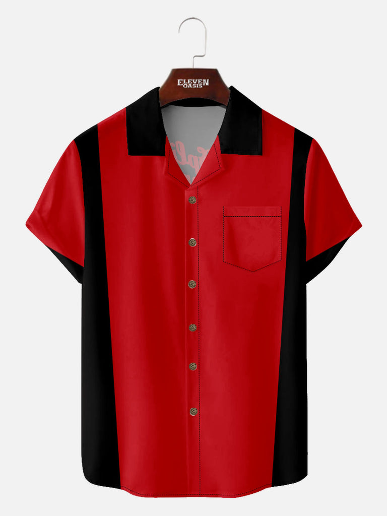 Men’s Bowling Camp Collar Short Sleeve Shirt Color Blocking Split Happens Eleven Oasis