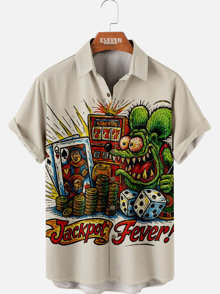 Tall Men’s Playing Cards Spread Collar Short Sleeve Shirt Poker Rat Jackpot Fever Eleven Oasis