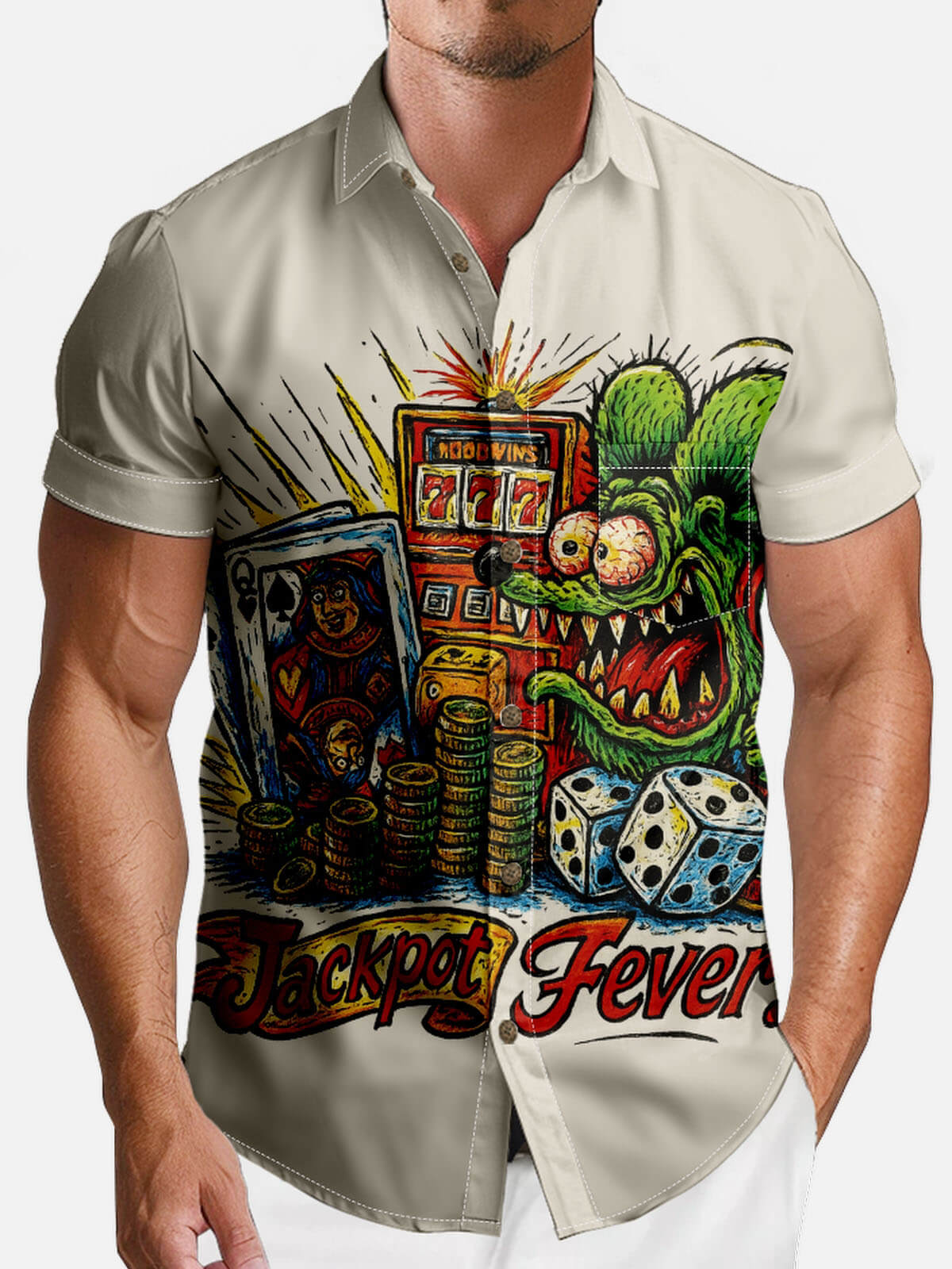 Men’s Playing Cards Spread Collar Short Sleeve Shirt Poker Rat Jackpot Fever ElevenOasis