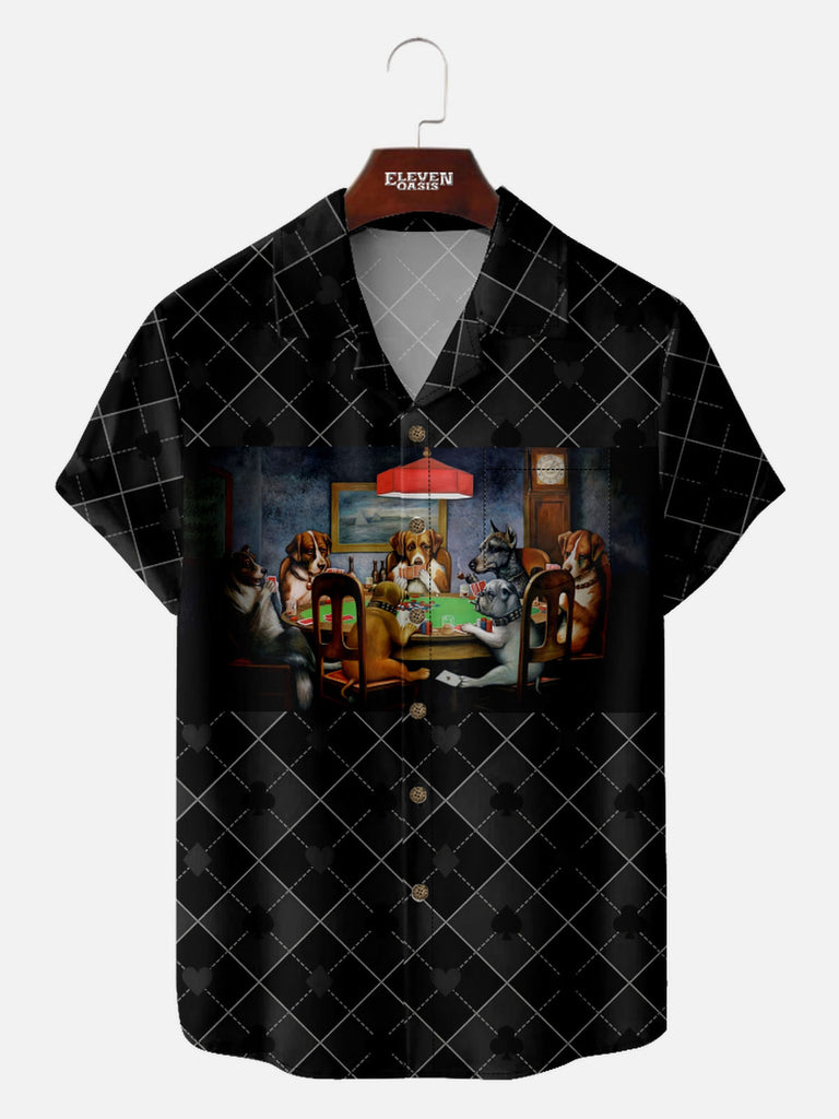 Men’s Playing Cards Camp Collar Short Sleeve Shirt Dog Poker Paws Eleven Oasis