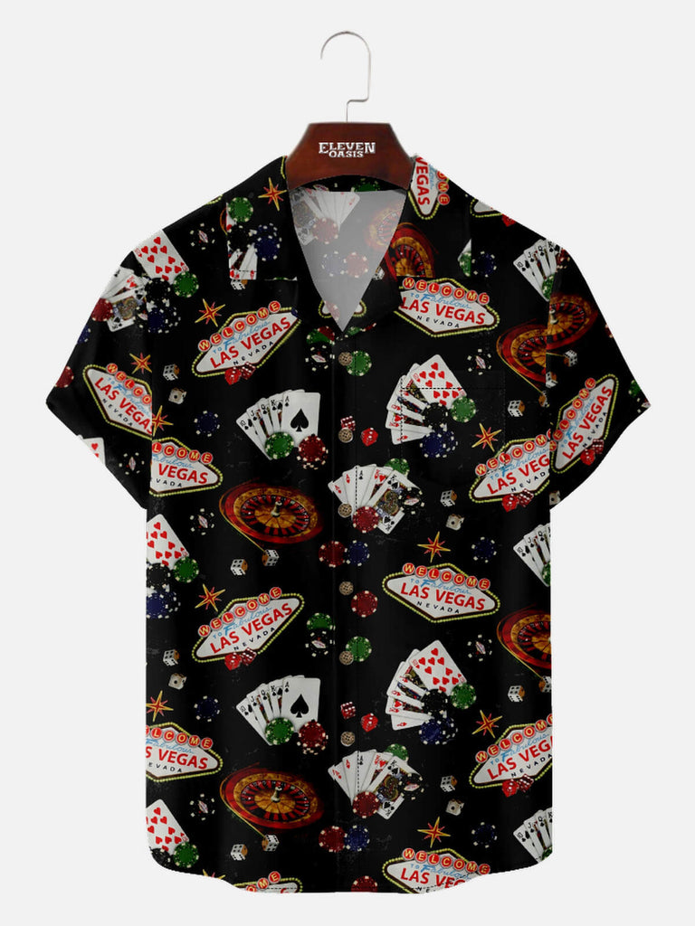 Men’s Playing Cards Camp Collar Short Sleeve Shirt Welcome to Las Vegas Game Heaven Eleven Oasis