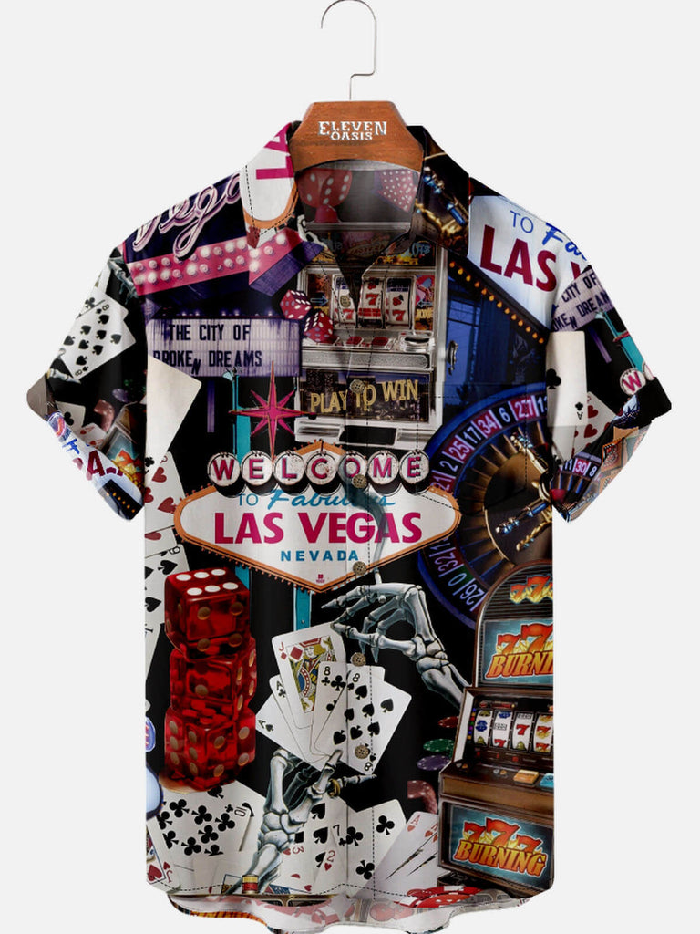 Tall Men’s Playing Cards Spread Collar Short Sleeve Shirt Neon Empire Gambler's Game Eleven Oasis