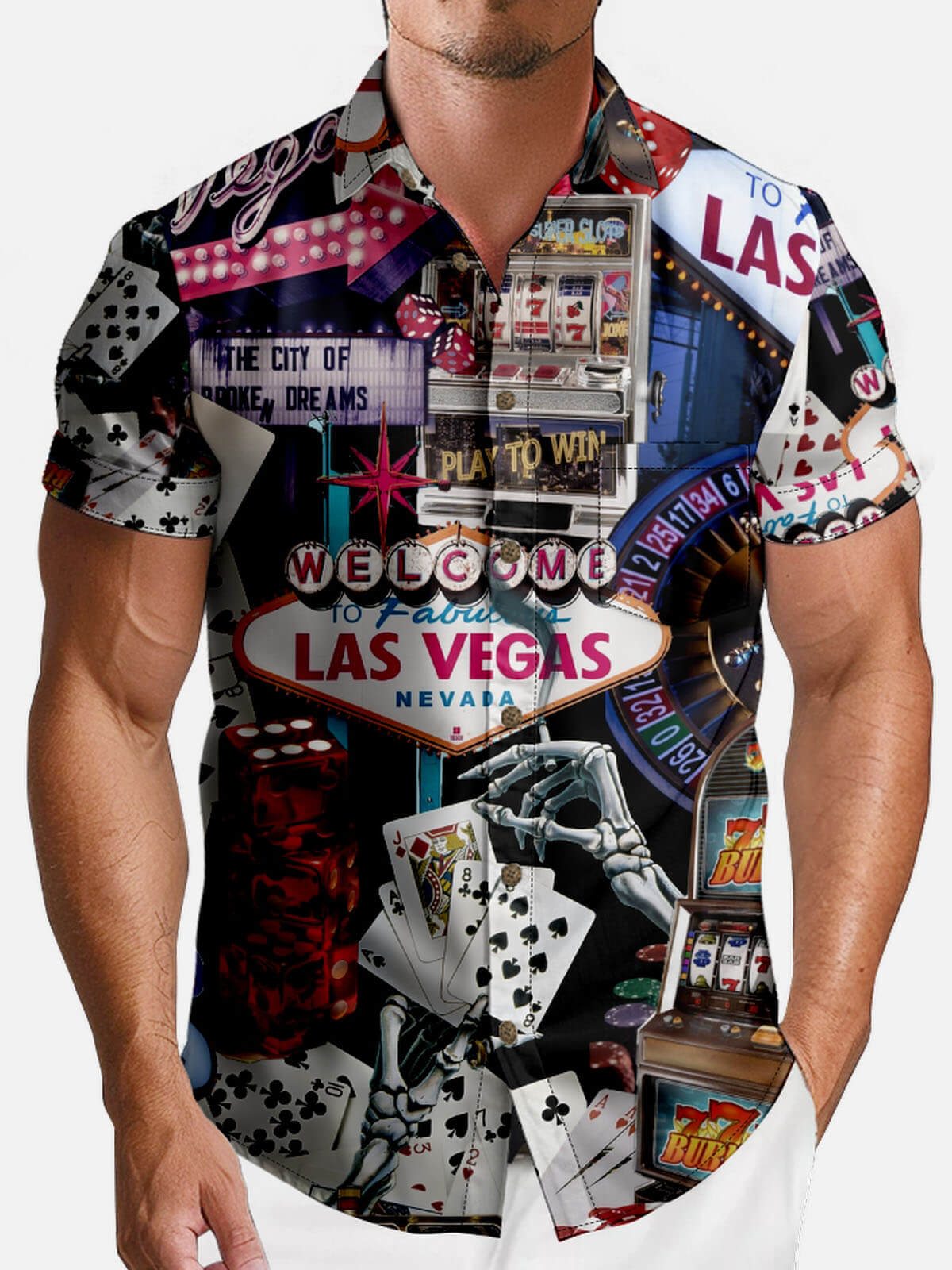 Men’s Playing Cards Spread Collar Short Sleeve Shirt Neon Empire Gambler's Game ElevenOasis