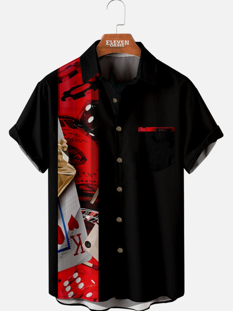 Tall Men’s Playing Cards Spread Collar Short Sleeve Shirt Poker Chip Game Eleven Oasis