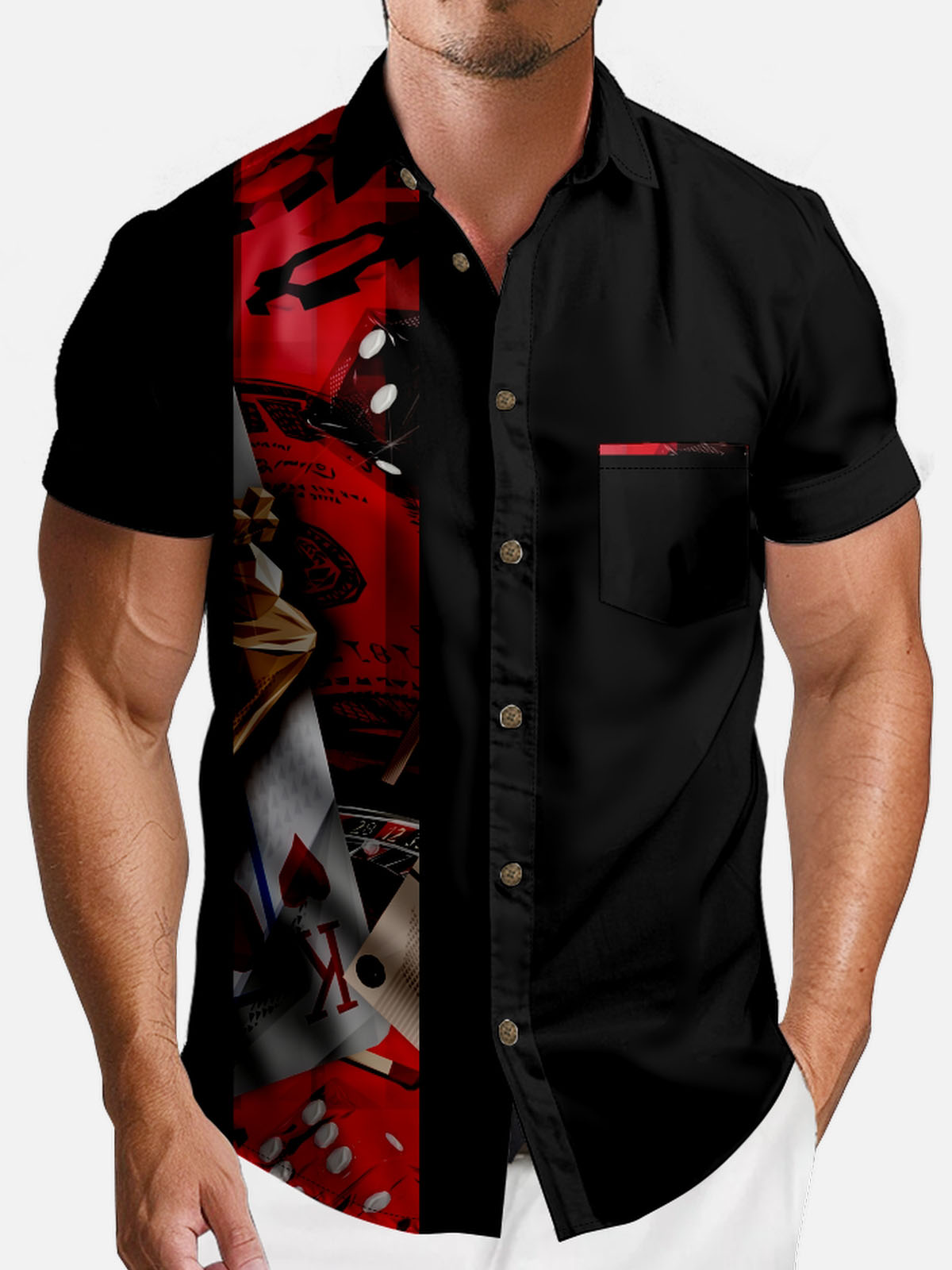 Men’s Playing Cards Spread Collar Short Sleeve Shirt Poker Chip Game ElevenOasis