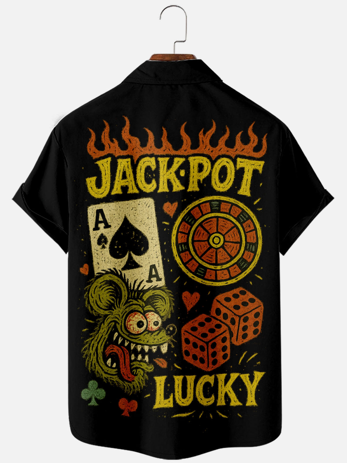 Tall Men’s Playing Cards Spread Collar Short Sleeve Shirt Lucky Rat Fink Jack Pot Eleven Oasis