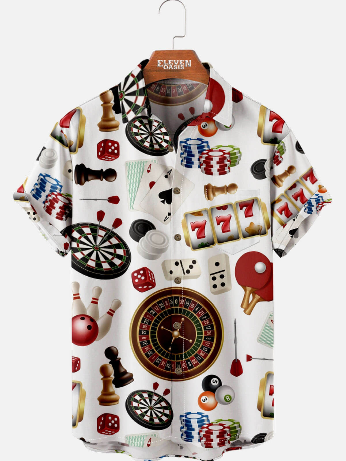 Tall Men’s Playing Cards Spread Collar Short Sleeve Shirt Gambler's Party Dice Game Eleven Oasis