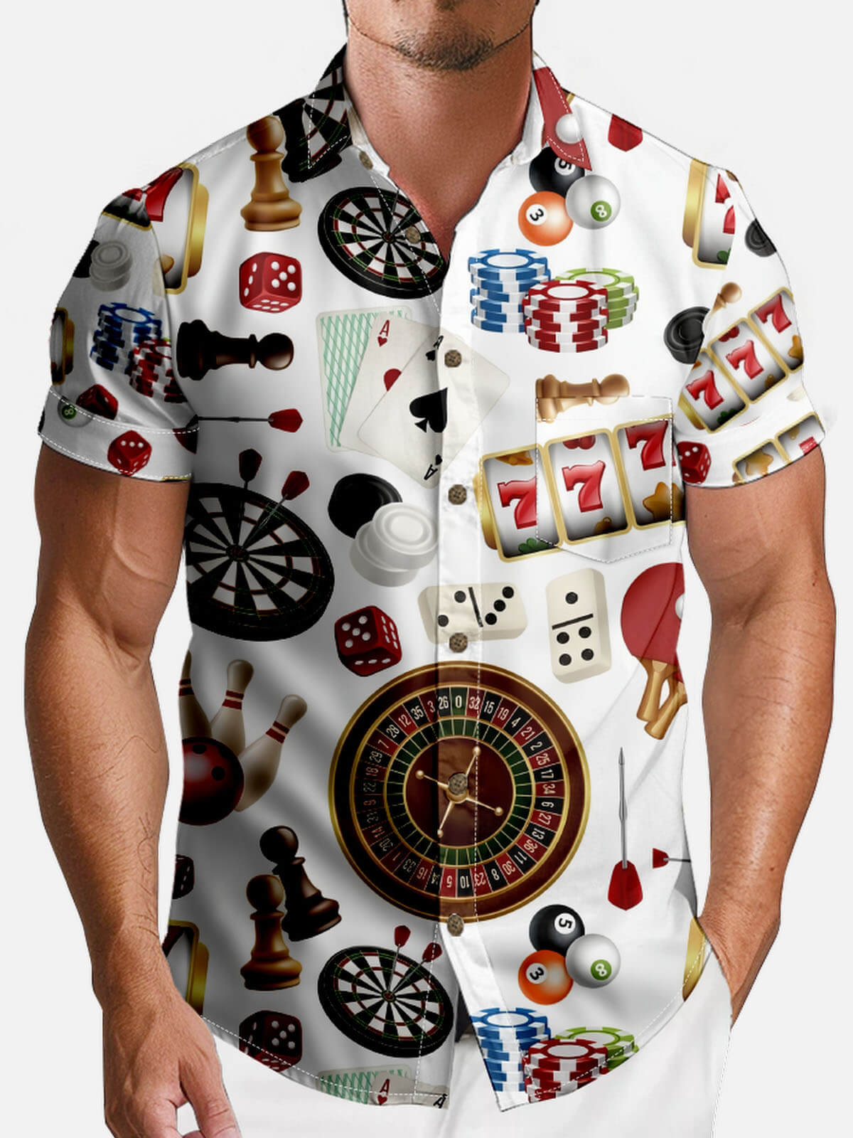 Tall Men’s Playing Cards Spread Collar Short Sleeve Shirt Gambler's Party Dice Game Eleven Oasis