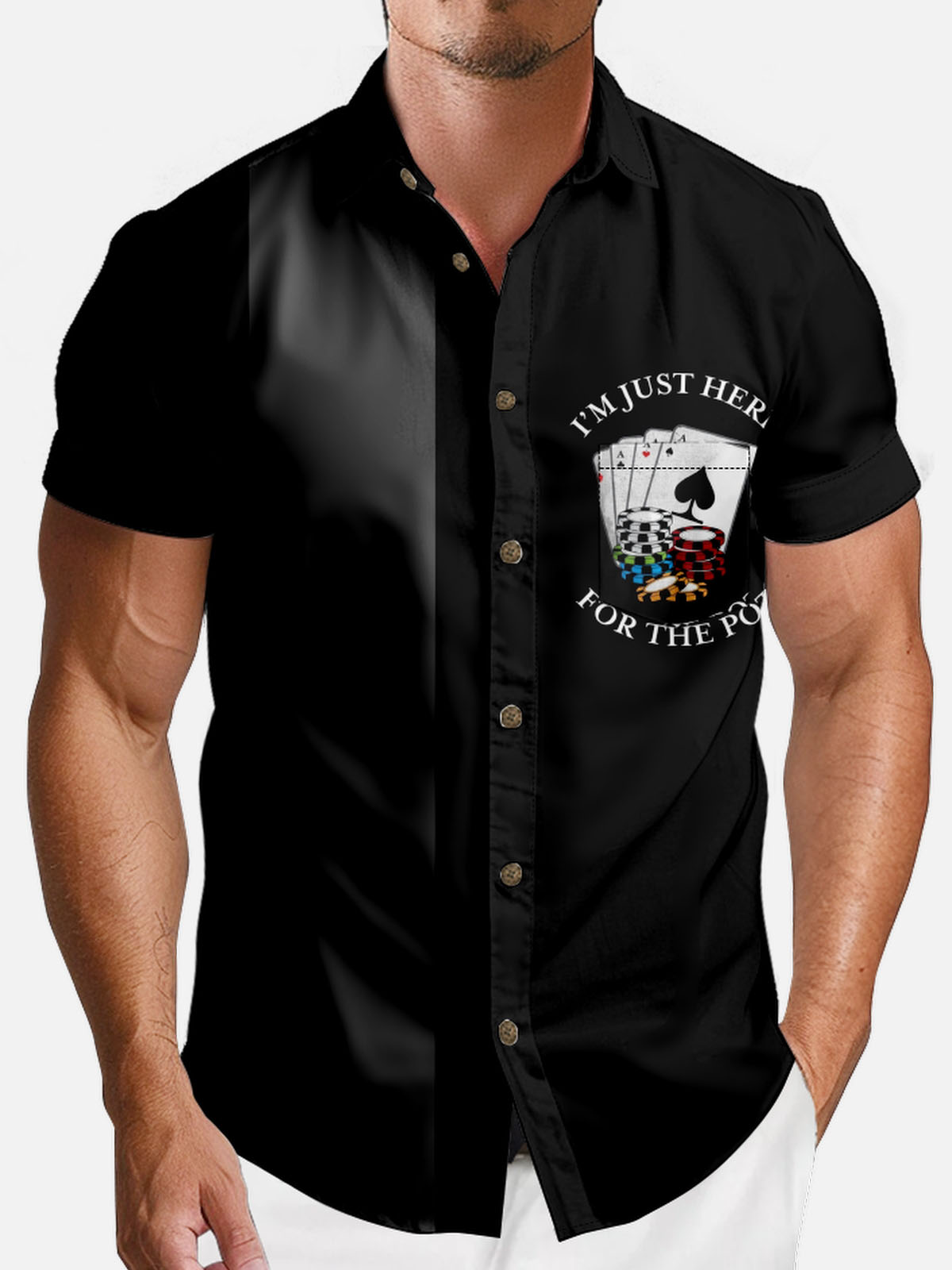 Men’s Playing Cards Spread Collar Short Sleeve Shirt Best Gambler I‘m Just Here For The Pot ElevenOasis