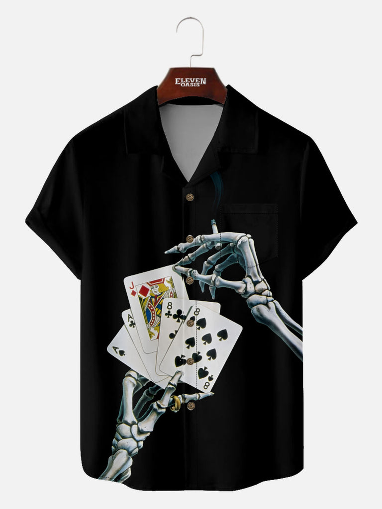 Men’s Playing Cards Camp Collar Short Sleeve Shirt Dead Man's Hand Eleven Oasis