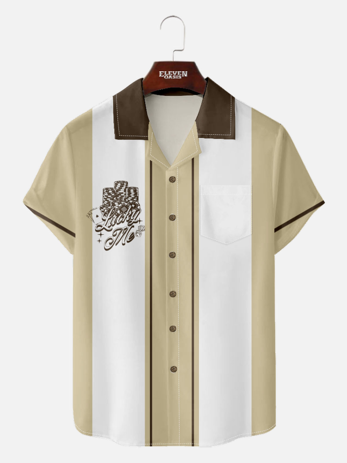 Men’s Playing Cards Camp Collar Short Sleeve Shirt Lucky Me Jackpot Eleven Oasis