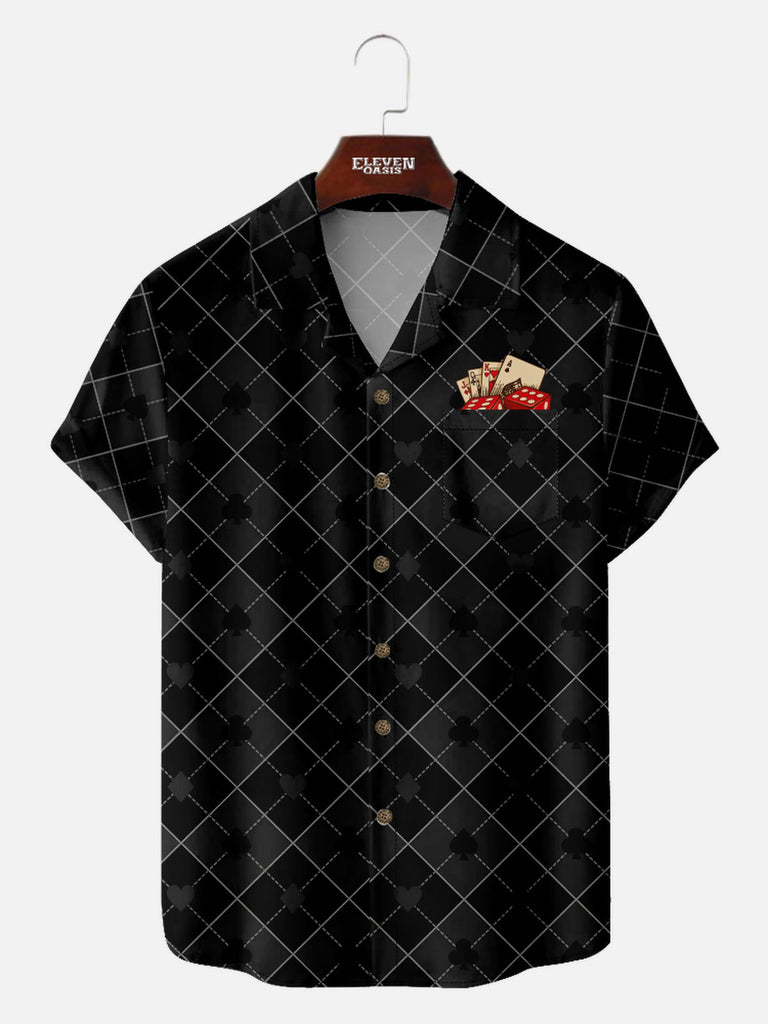 Men’s Playing Cards Camp Collar Short Sleeve Shirt Diamond Cut Poker Eleven Oasis