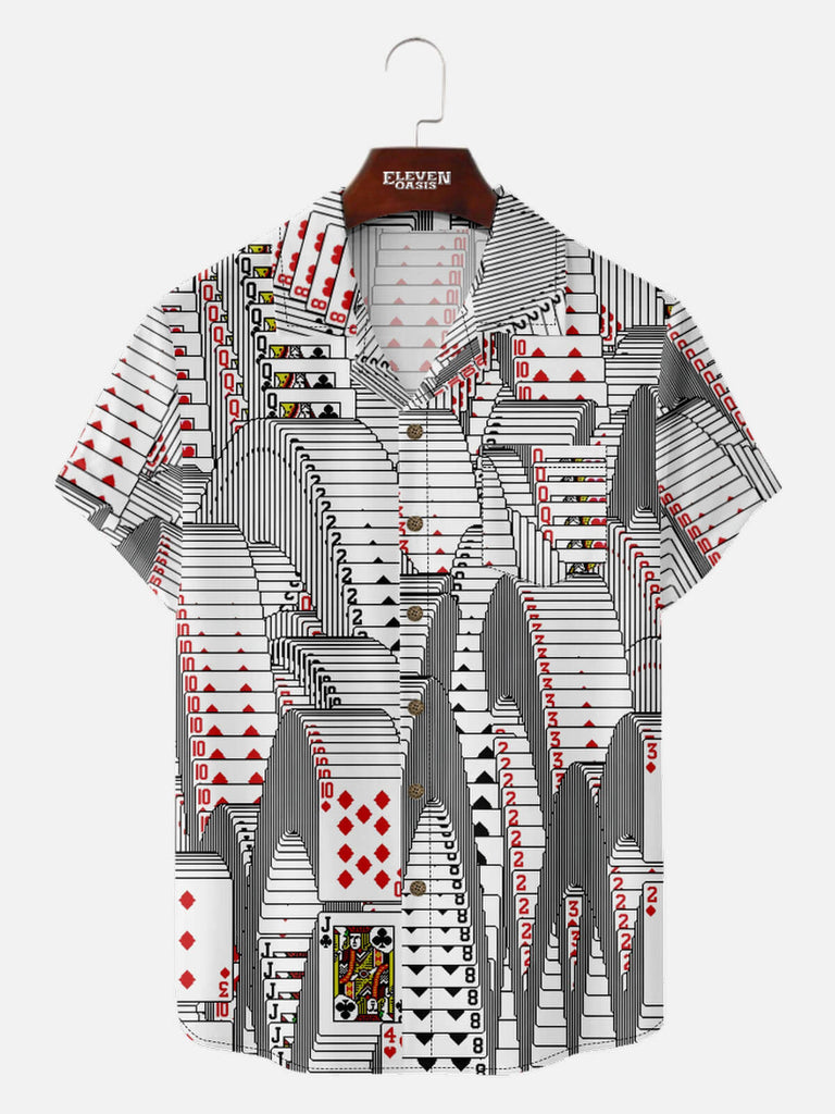 Men’s Playing Cards Camp Collar Short Sleeve Shirt Rolling Poker Eleven Oasis