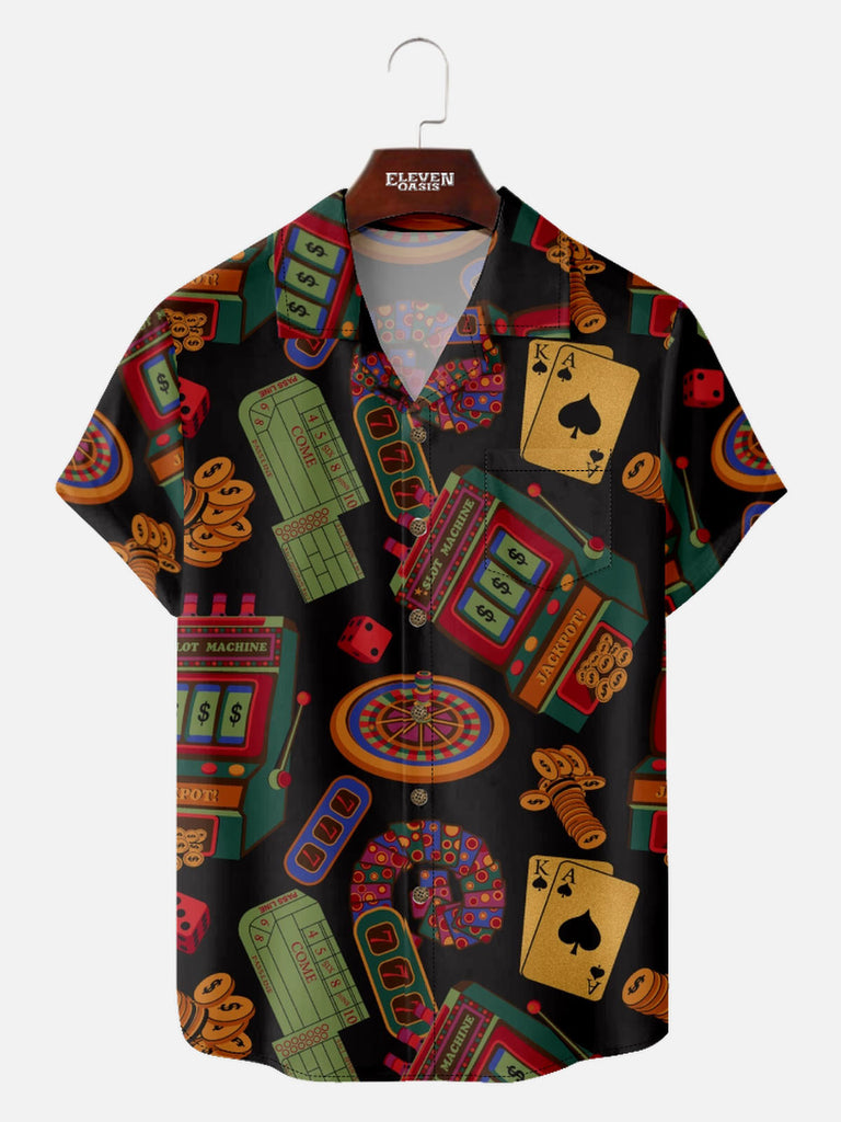 Men’s Playing Cards Camp Collar Short Sleeve Shirt Bonus Round Poker Eleven Oasis
