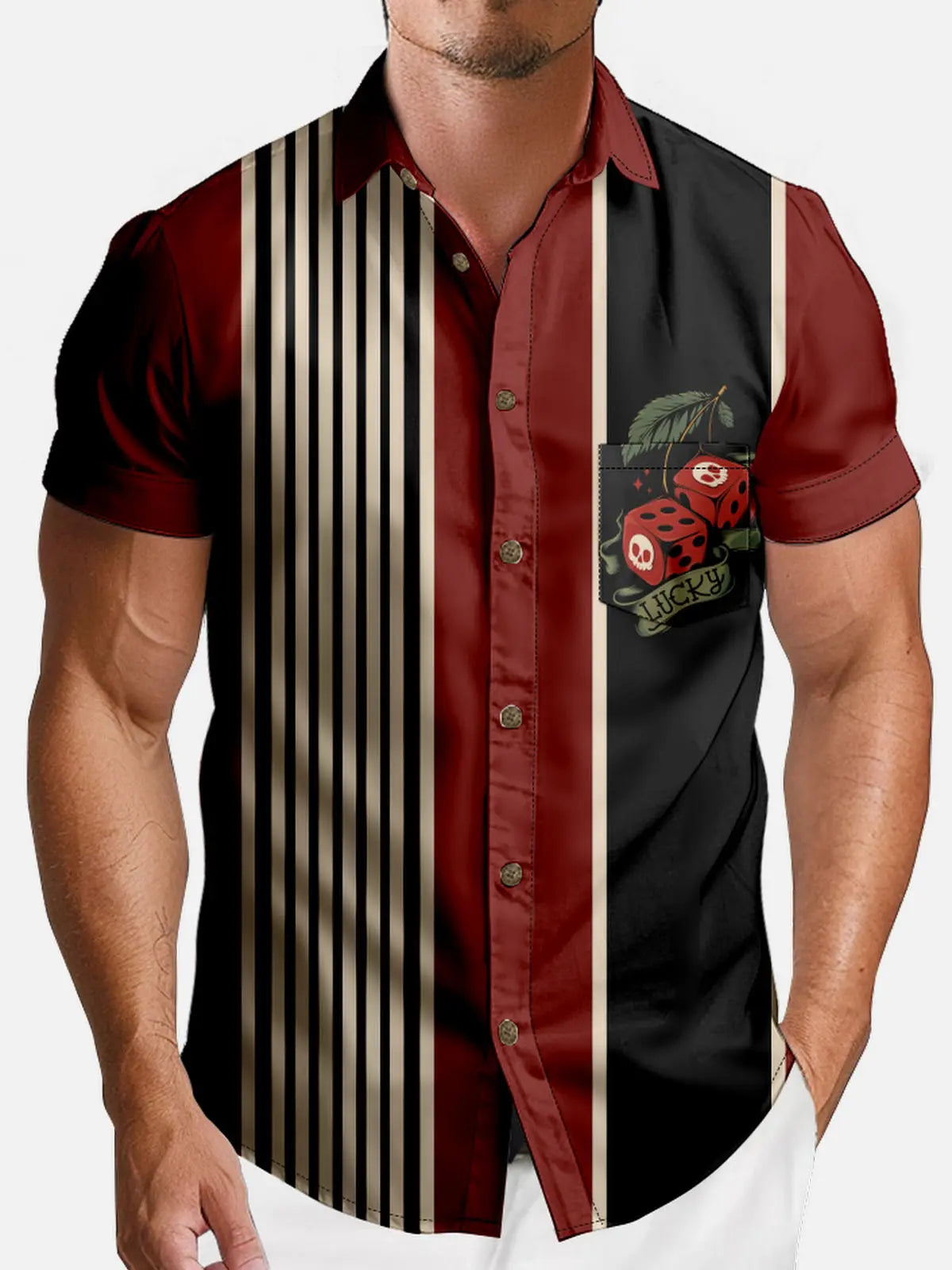 Tall Men's Lucky Skull Dice Stripe Short Sleeve Shirt Eleven Oasis