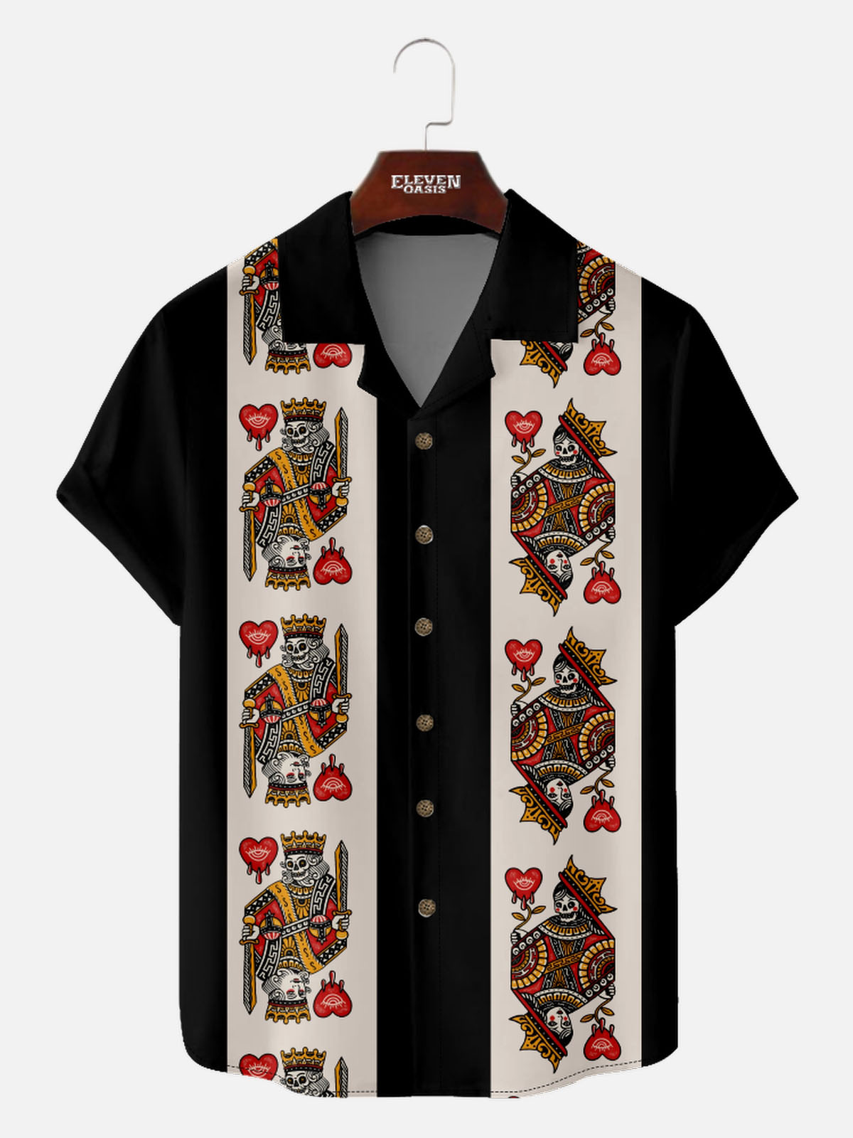 Men's Playing Cards Camp Collar Short Sleeve Shirt Card Skull Faces Eleven Oasis