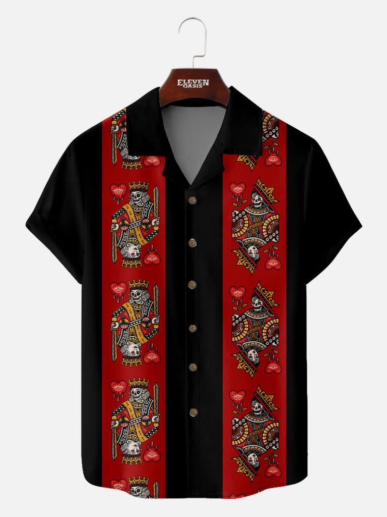Men’s Playing Cards Camp Collar Short Sleeve Shirt Card Skull Faces Eleven Oasis