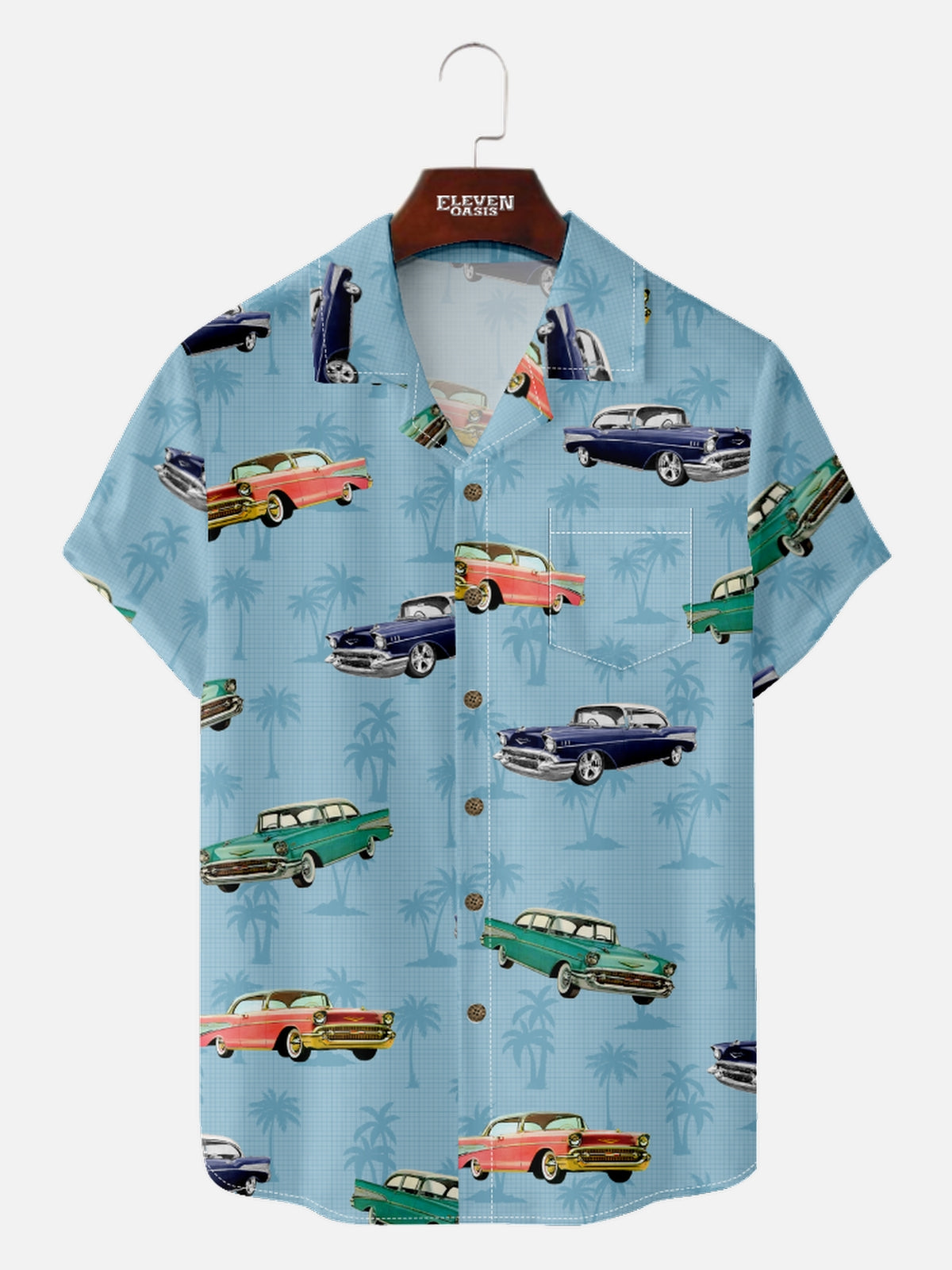 Men’s Vacation Camp Collar Short Sleeve Shirt Palm Paradise Tropical Retro Cars Eleven Oasis
