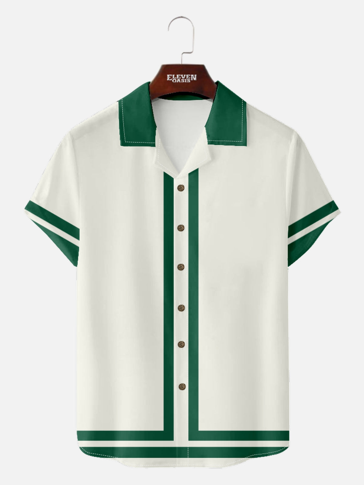 Men's 60s Green-Trim Bowling Style Camp Collar Short Sleeve Shirt Eleven Oasis