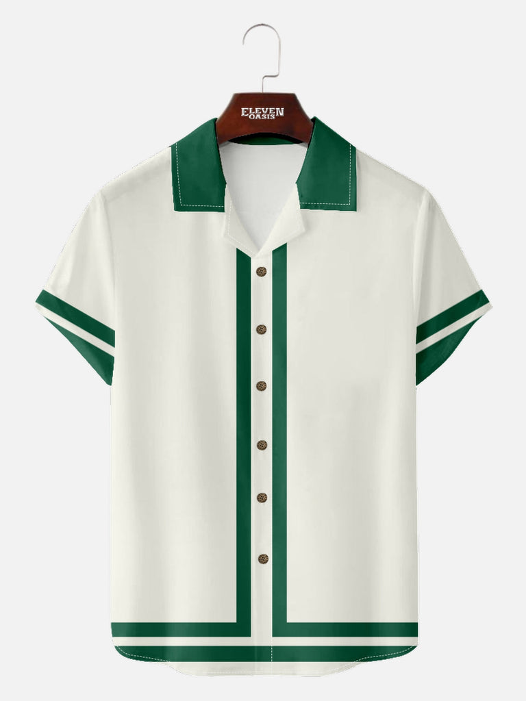 Men’s Bowling Camp Collar Short Sleeve Shirt 60s Green-Trim Bowling Style Eleven Oasis
