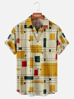 Men's Mid-Century Grid Block Pattern Short Sleeve Shirt ElevenOasis