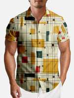 Men's Mid-Century Grid Block Pattern Short Sleeve Shirt ElevenOasis