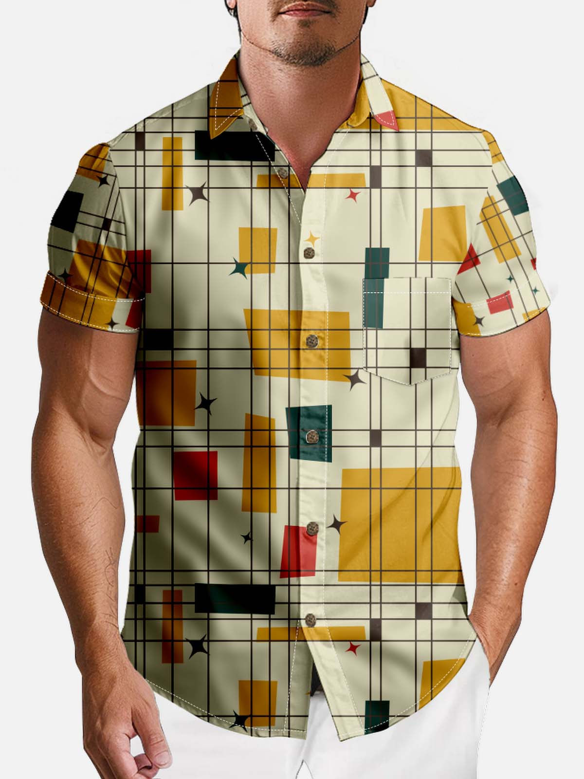 Tall Men's Mid-Century Grid Block Pattern Short Sleeve Shirt Eleven Oasis