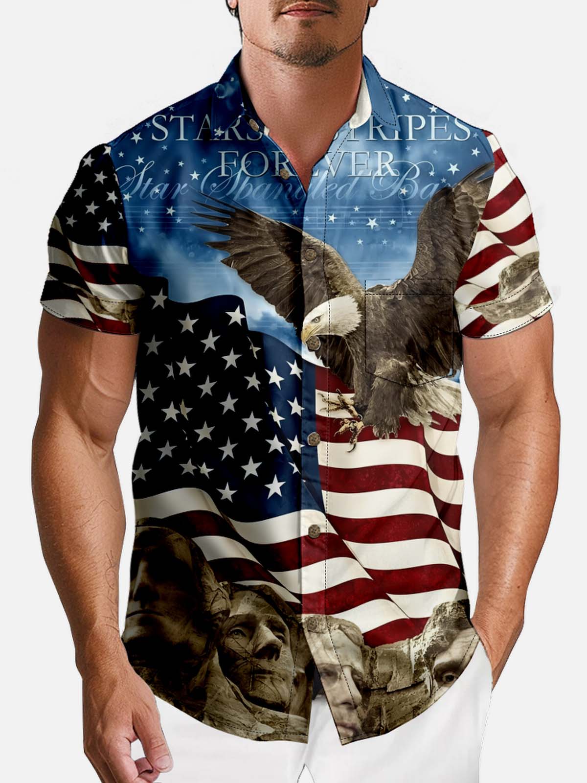 Tall Men's American Pride Spread Collar Short Sleeve Shirt National Hero Eleven Oasis