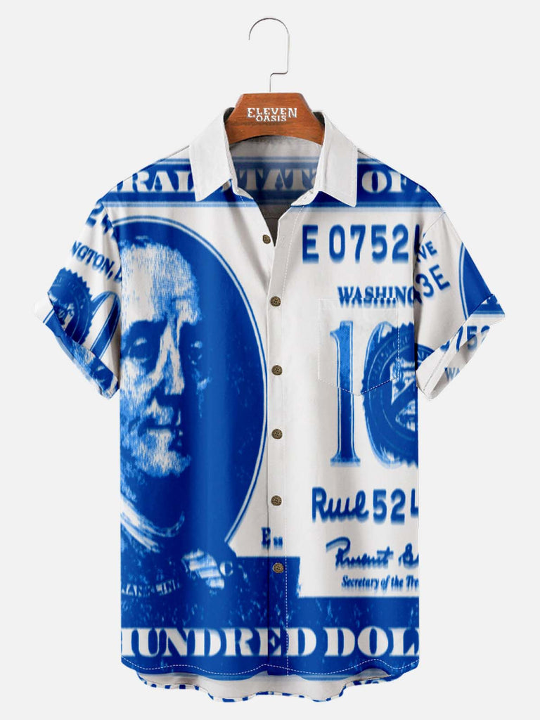 Tall Men's American Pride Spread Collar Short Sleeve Shirt Dollar Bill Mofit Eleven Oasis