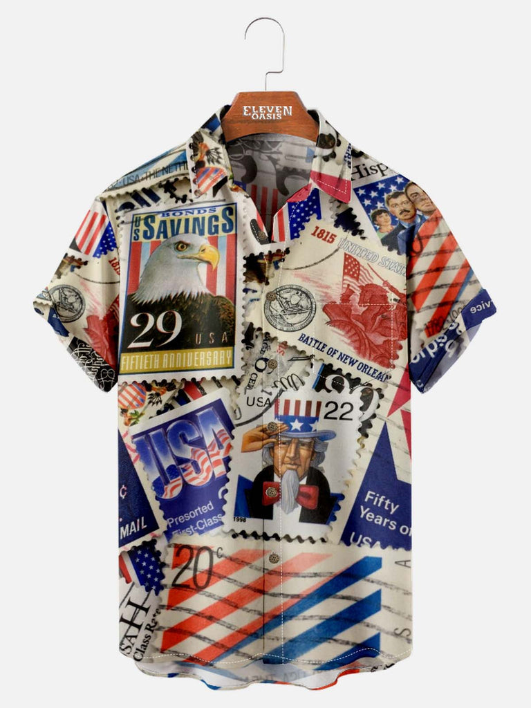 Tall Men's American Pride Spread Collar Short Sleeve Shirt American Stamp Motifs Eleven Oasis