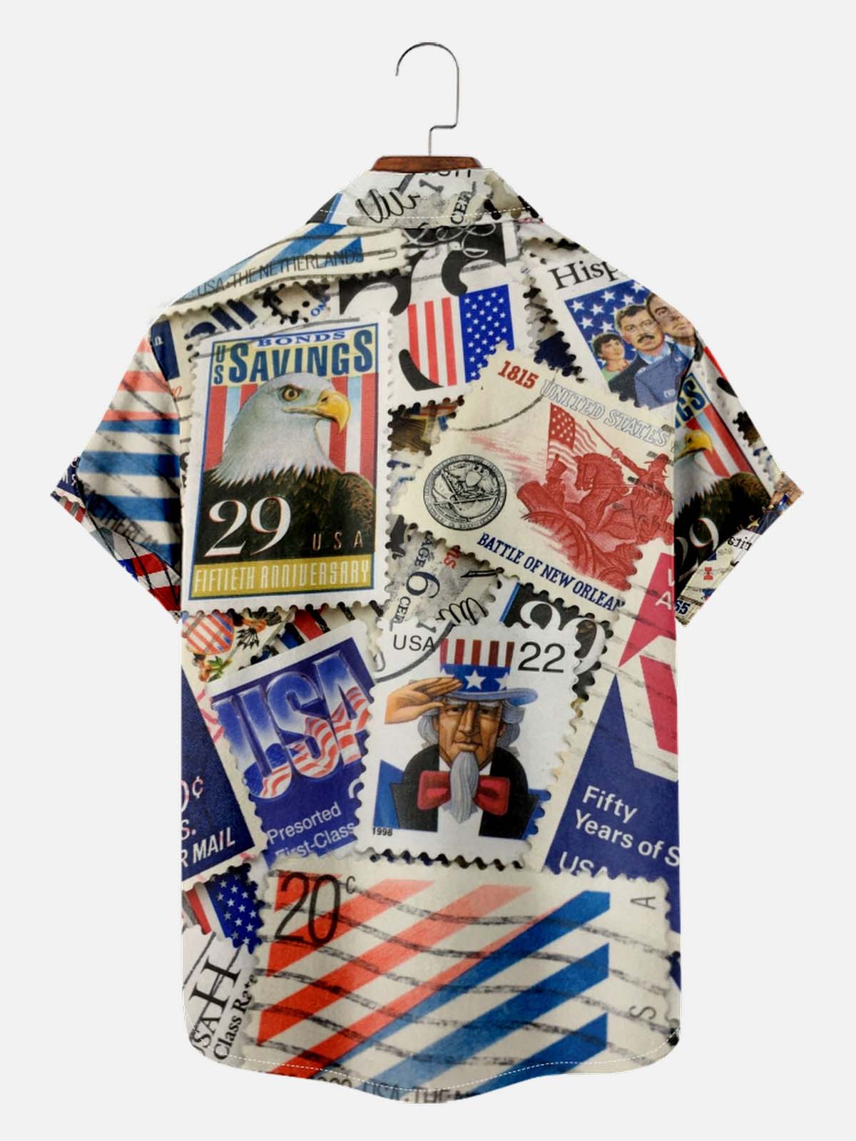 Men's American Pride Spread Collar Short Sleeve Shirt American Stamp Motifs ElevenOasis