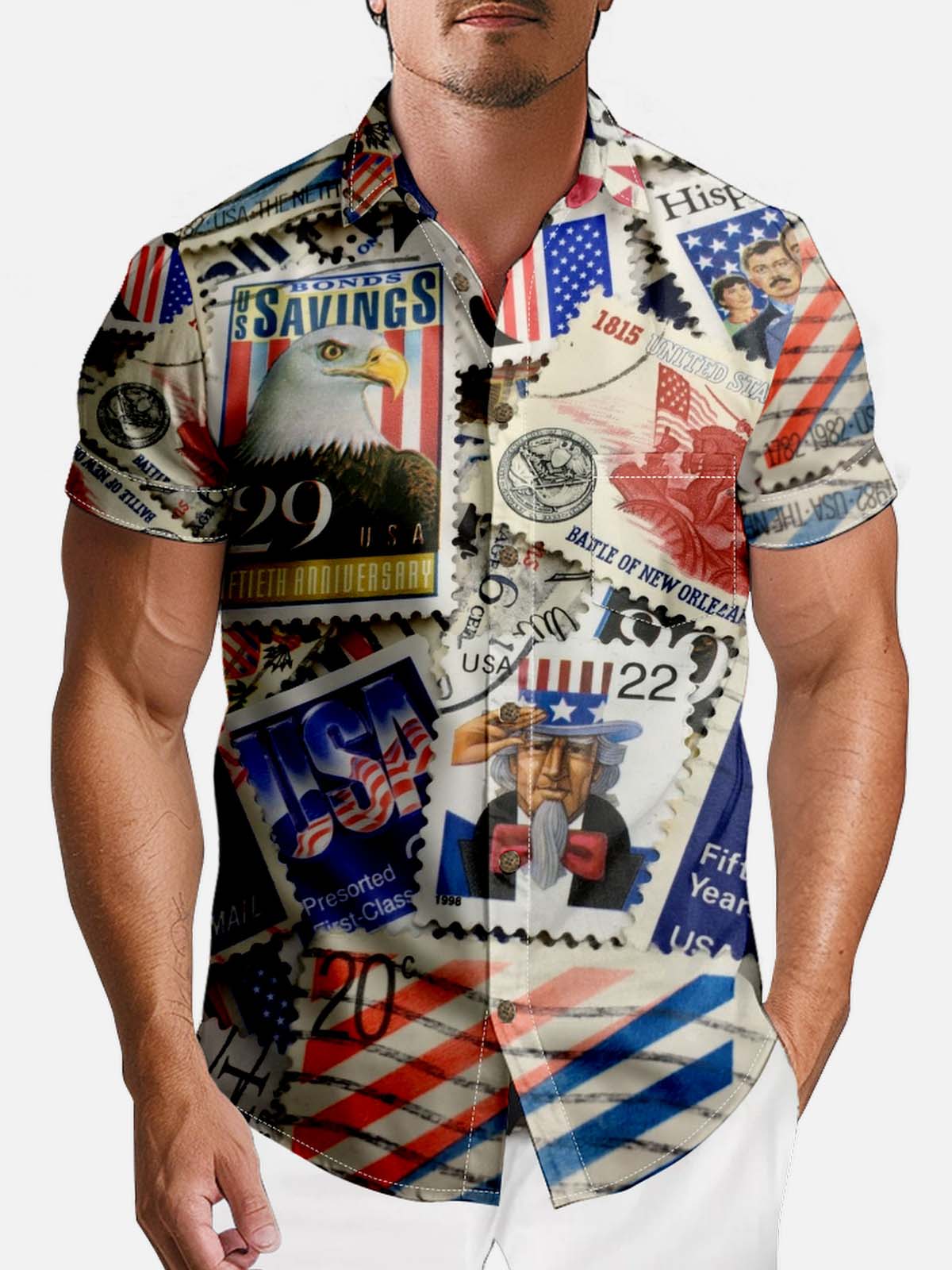 Men's American Pride Spread Collar Short Sleeve Shirt American Stamp Motifs ElevenOasis