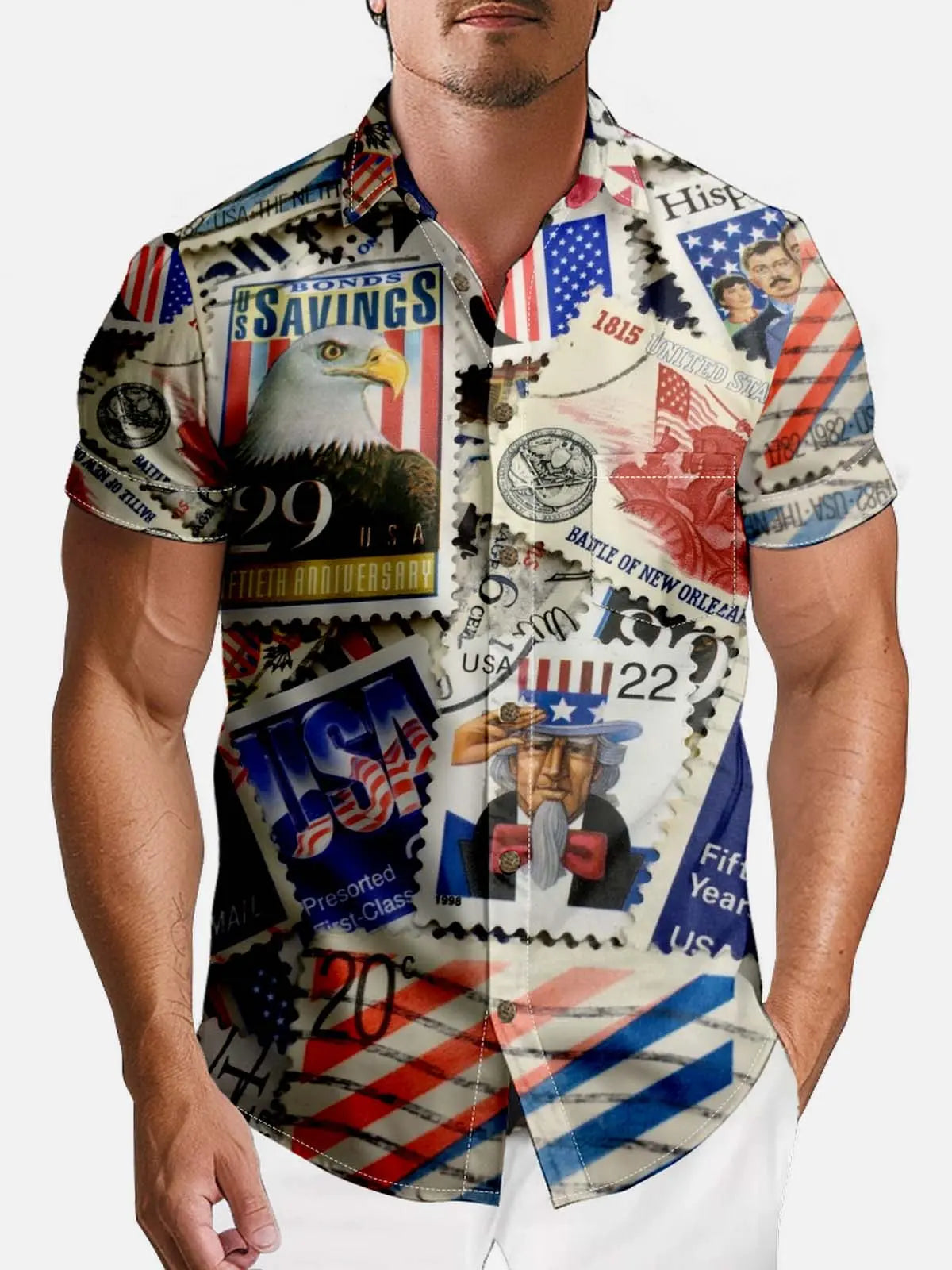Tall Men's American Stamp Collector Short Sleeve Shirt Eleven Oasis