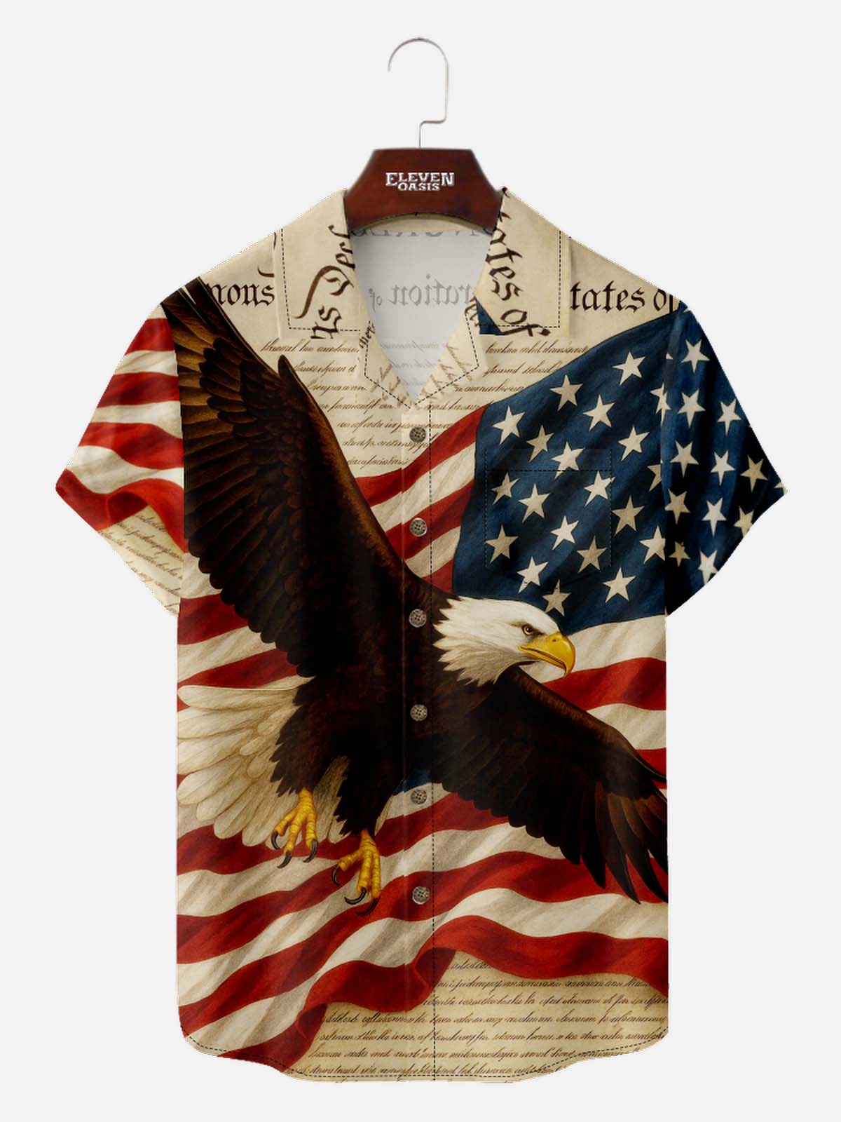 Men's American Pride Camp Collar Short Sleeve Shirt Flying Eagle Over USA Flag Eleven Oasis