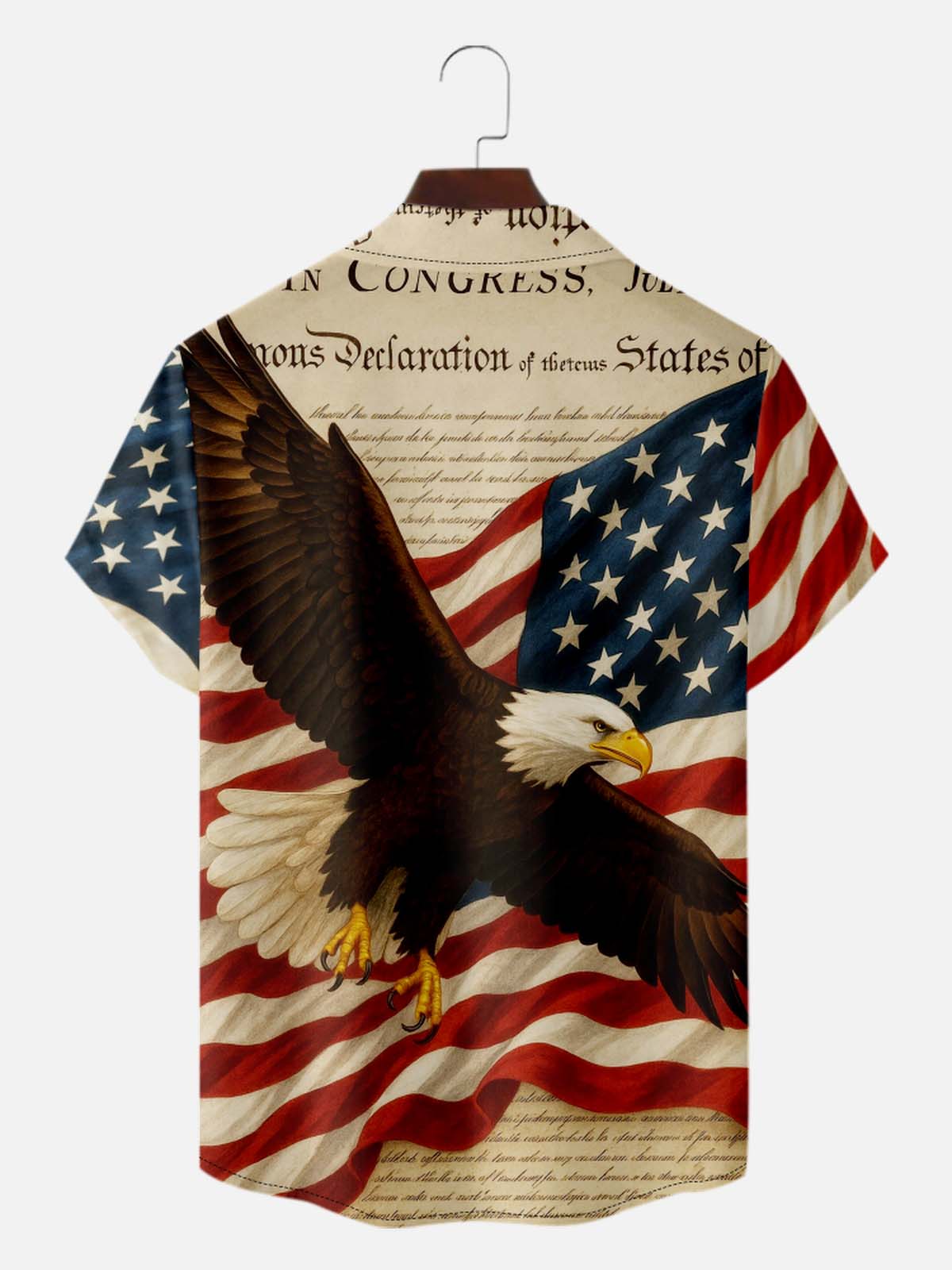 Men's American Pride Camp Collar Short Sleeve Shirt Flying Eagle Over USA Flag Eleven Oasis