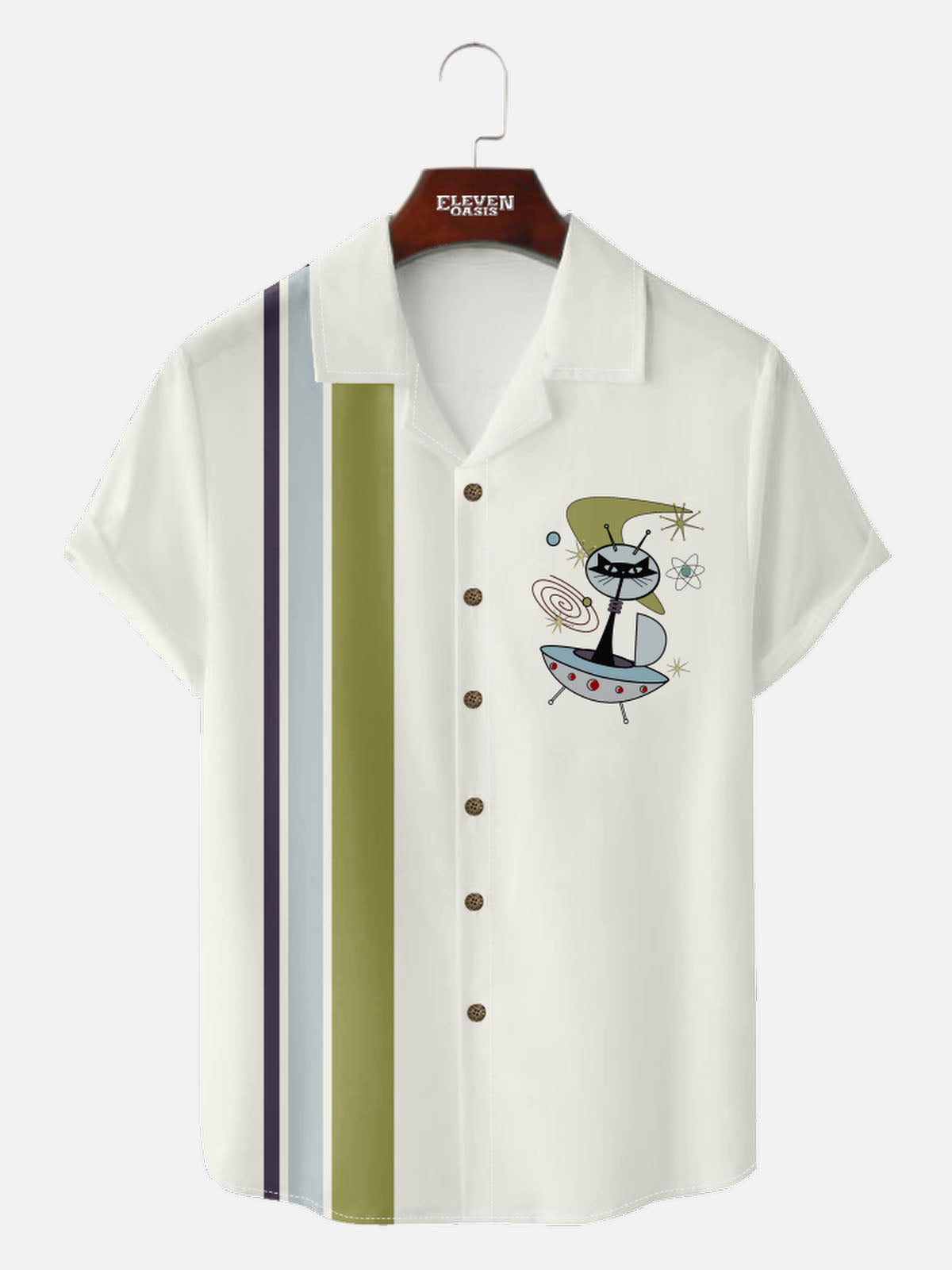 Men's Retro UFO Space Cat Short Sleeve Shirt Eleven Oasis