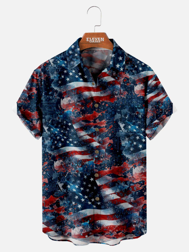 Tall Men's American Pride Spread Collar Short Sleeve Shirt Fluttering Flag Eleven Oasis