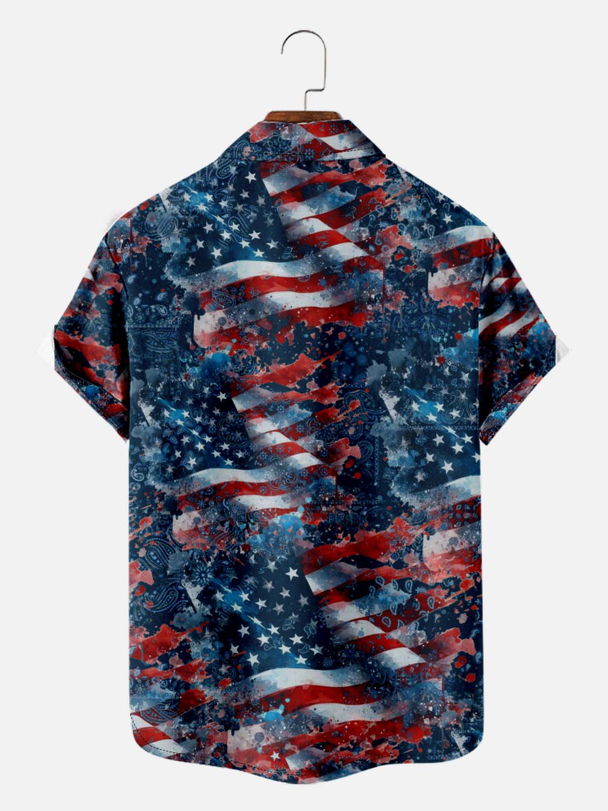 Tall Men's American Pride Spread Collar Short Sleeve Shirt Fluttering Flag Eleven Oasis