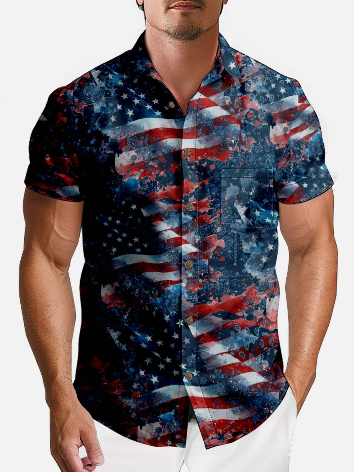 Tall Men's American Pride Spread Collar Short Sleeve Shirt Fluttering Flag Eleven Oasis