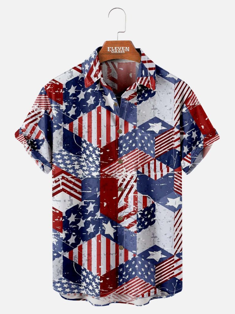 Tall Men's American Pride Spread Collar Short Sleeve Shirt Patchwork American Flag Eleven Oasis