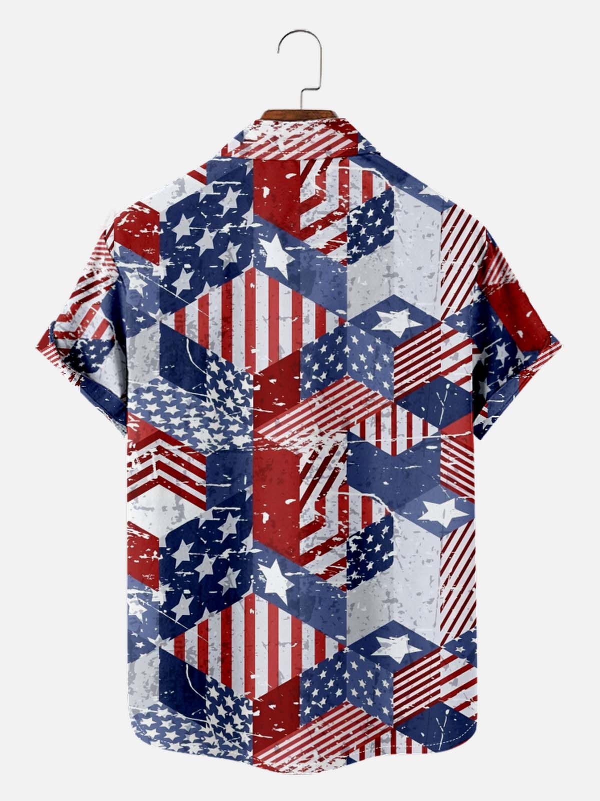 Tall Men's American Pride Spread Collar Short Sleeve Shirt Patchwork American Flag Eleven Oasis