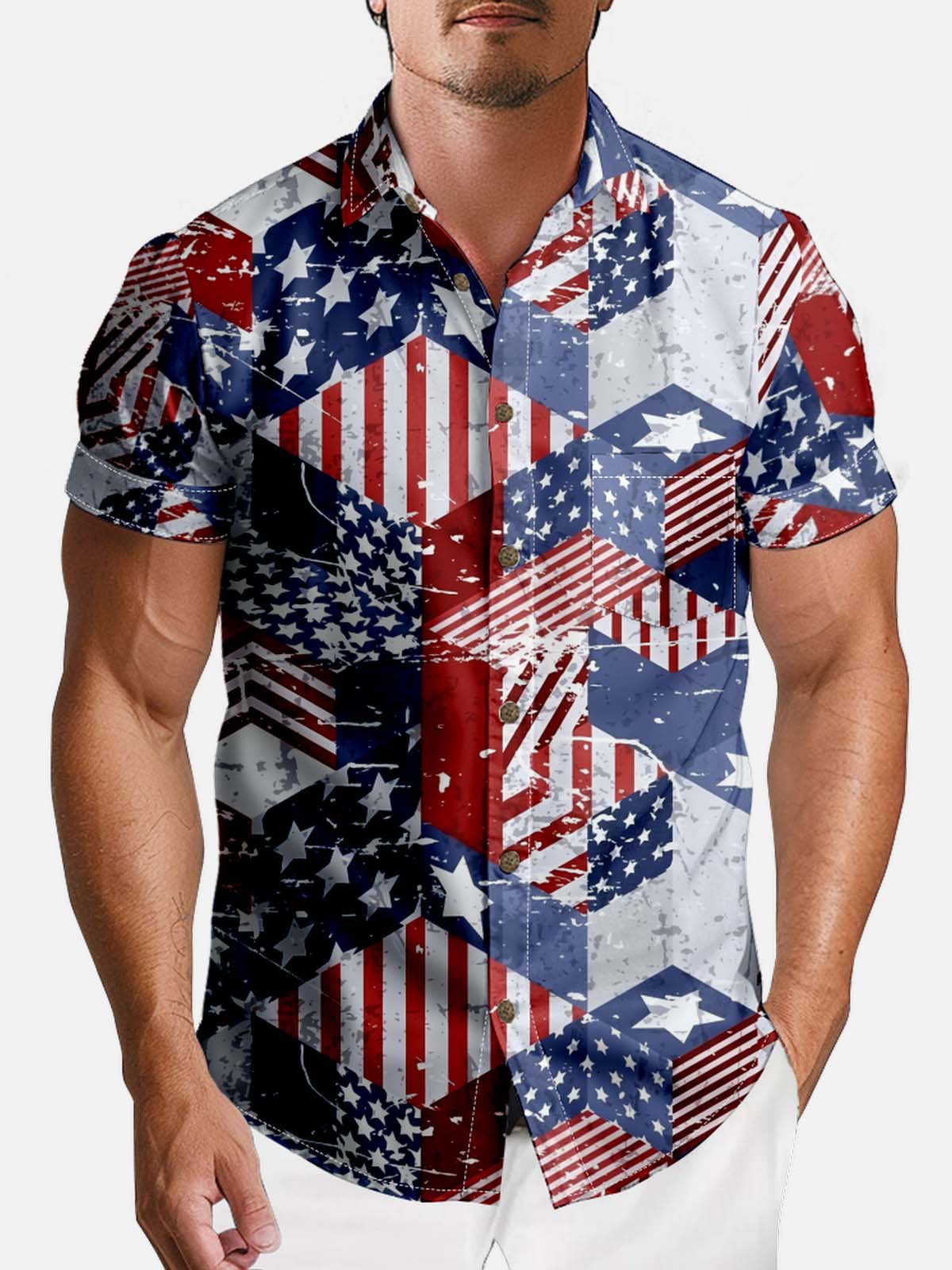 Tall Men's American Pride Spread Collar Short Sleeve Shirt Patchwork American Flag Eleven Oasis