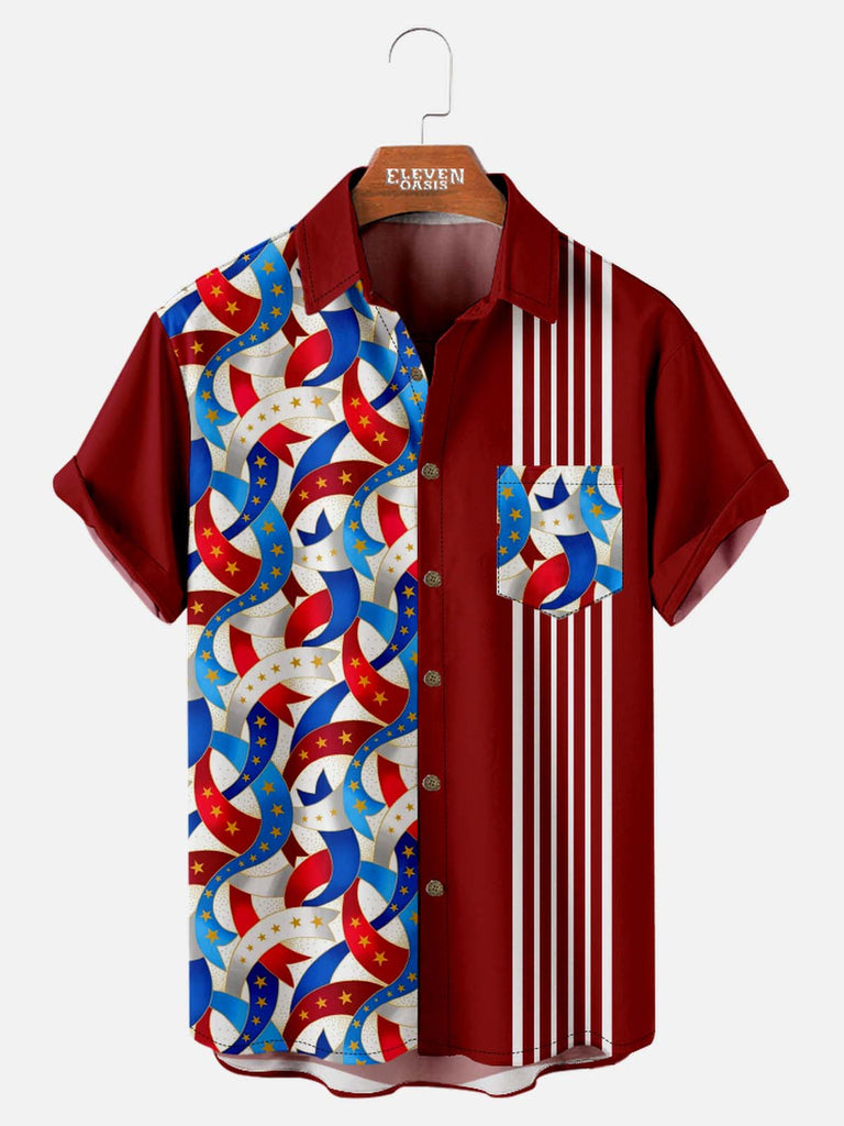 Tall Men's American Pride Spread Collar Short Sleeve Shirt Flag Ribbon Eleven Oasis