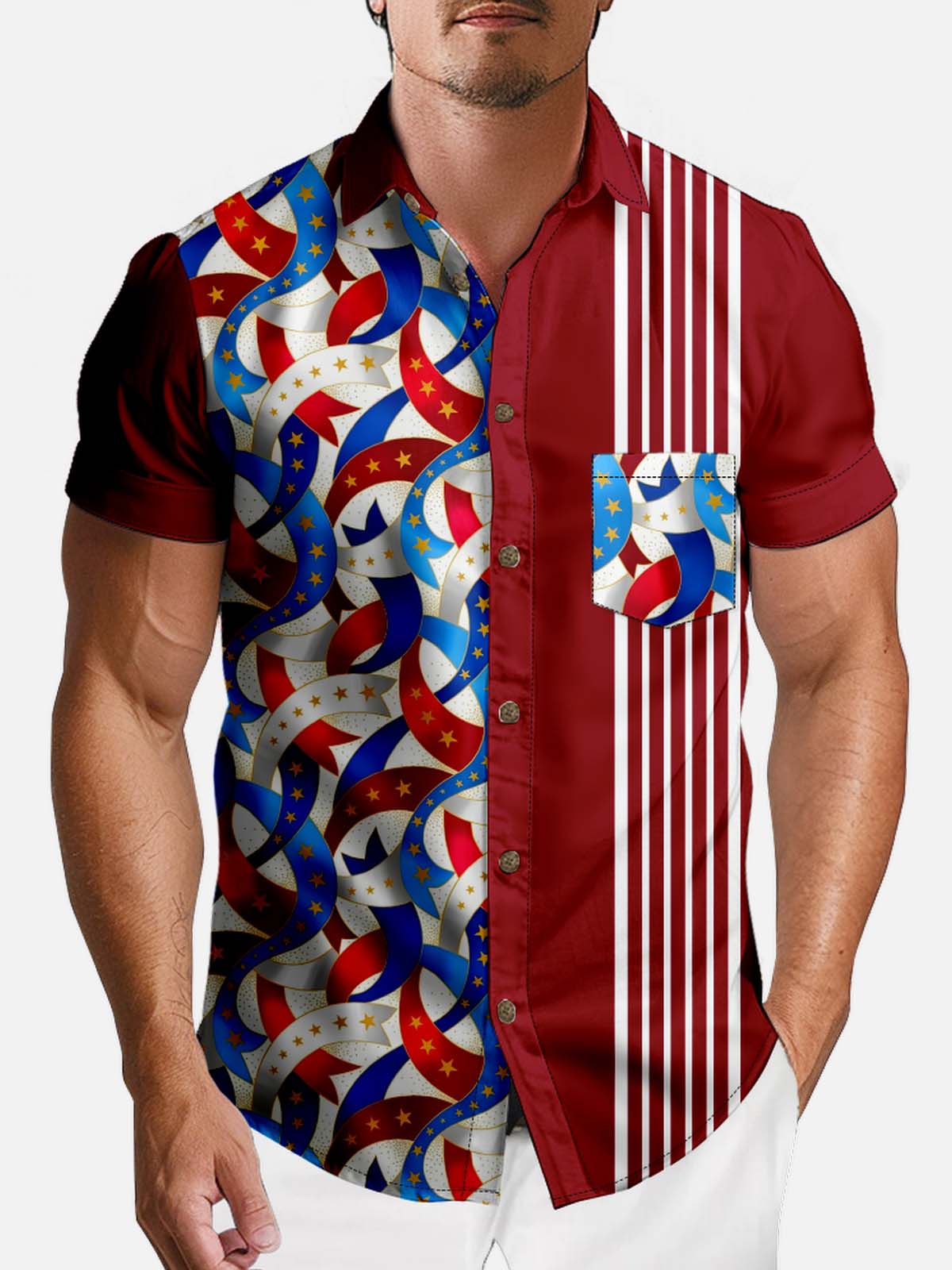 Tall Men's American Pride Spread Collar Short Sleeve Shirt Flag Ribbon Eleven Oasis