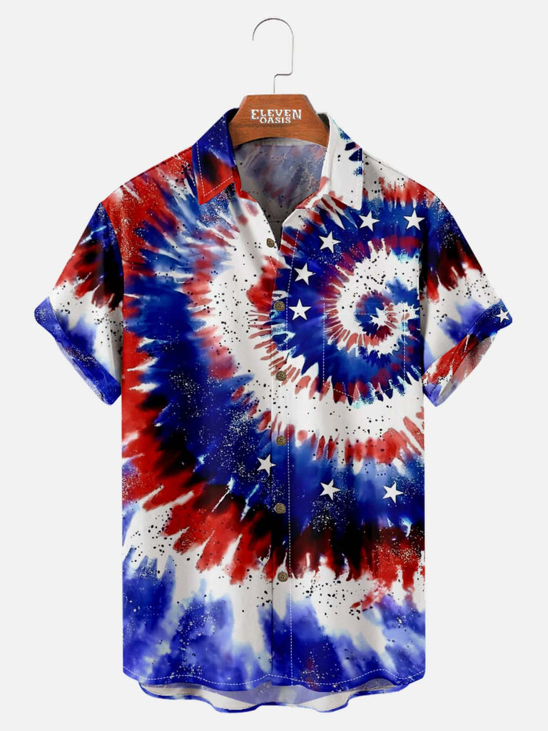 Tall Men's American Pride Spread Collar Short Sleeve Shirt Tie - Dye American Flag Eleven Oasis