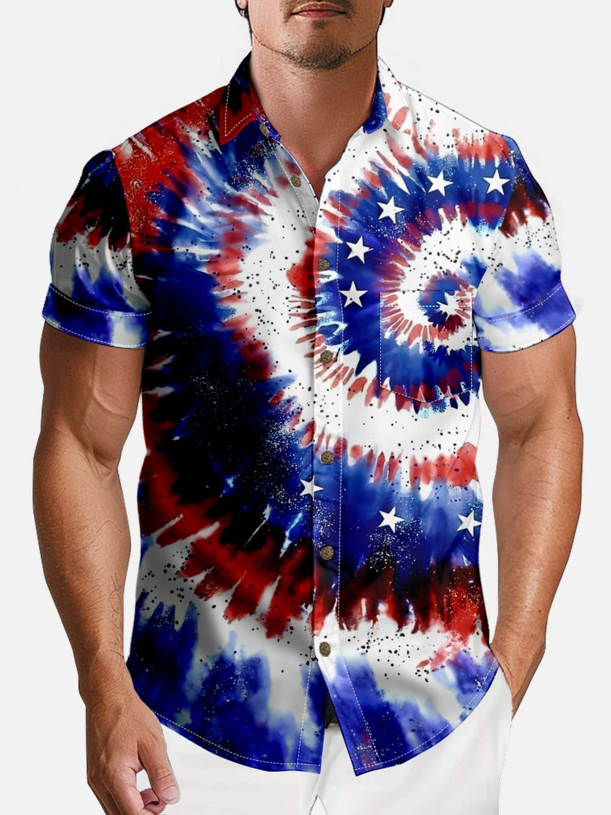 Tall Men's American Pride Spread Collar Short Sleeve Shirt Tie - Dye American Flag Eleven Oasis