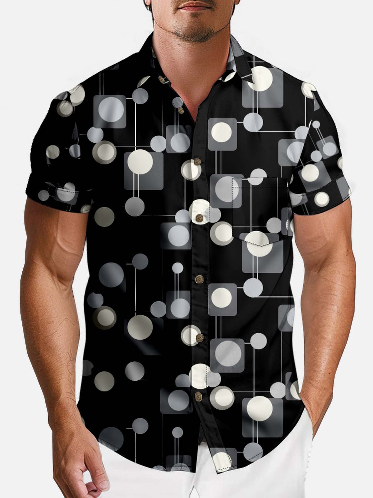 Tall Men's Art Pattern Spread Collar Short Sleeve Shirt Abstract Geometric Circle Eleven Oasis
